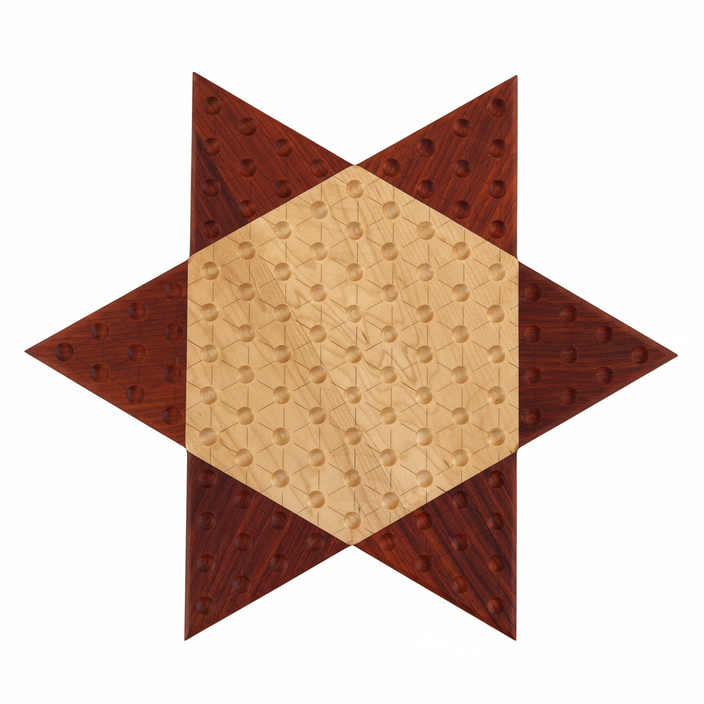 Handcrafted wooden Chinese checkers board on a clean white background