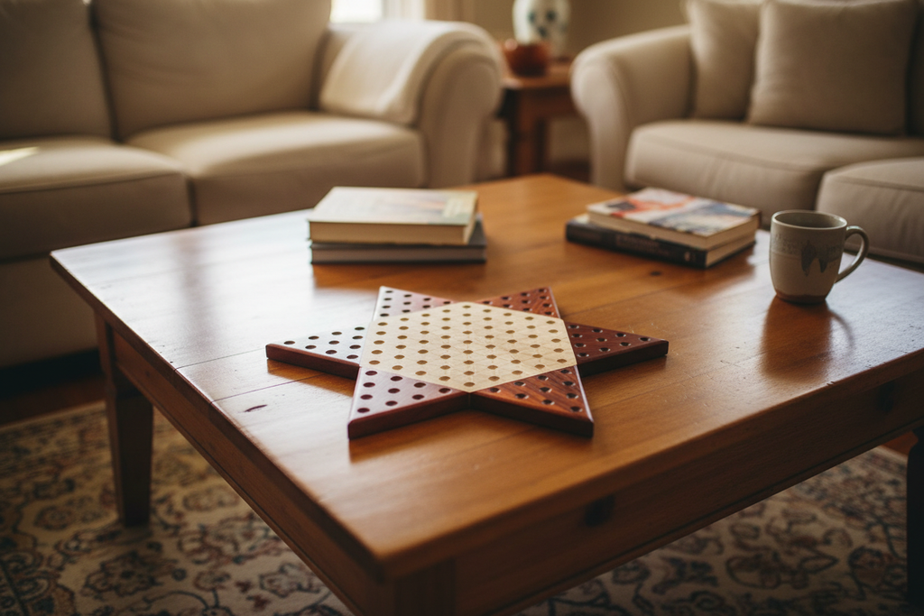 Handcrafted wooden Chinese checkers board with rounded star tips on a coffee table in a cozy living room