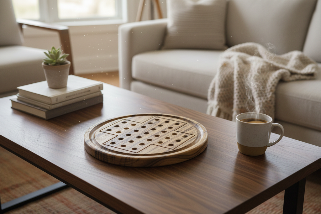Handcrafted Black Limba hardwood round board game on a coffee table in a cozy living room setting